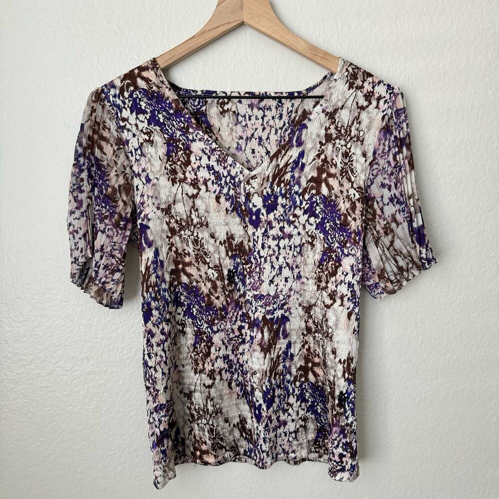 Womens Purple Multi VNeck Blouse Short Sleeve Lightweight Stretch Top Size Small